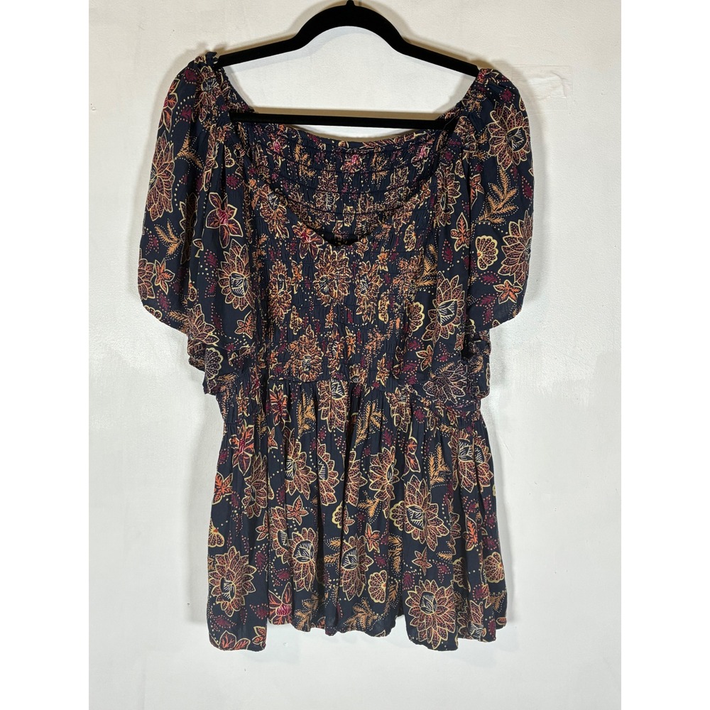 Floral Babydoll Top Women's 3X Smocked Bust Flutter Sleeve V Neck Cottagecore